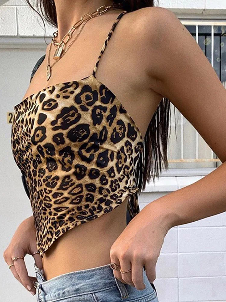 Leopard Print Strappy Top – Women's Open Back Satin Top