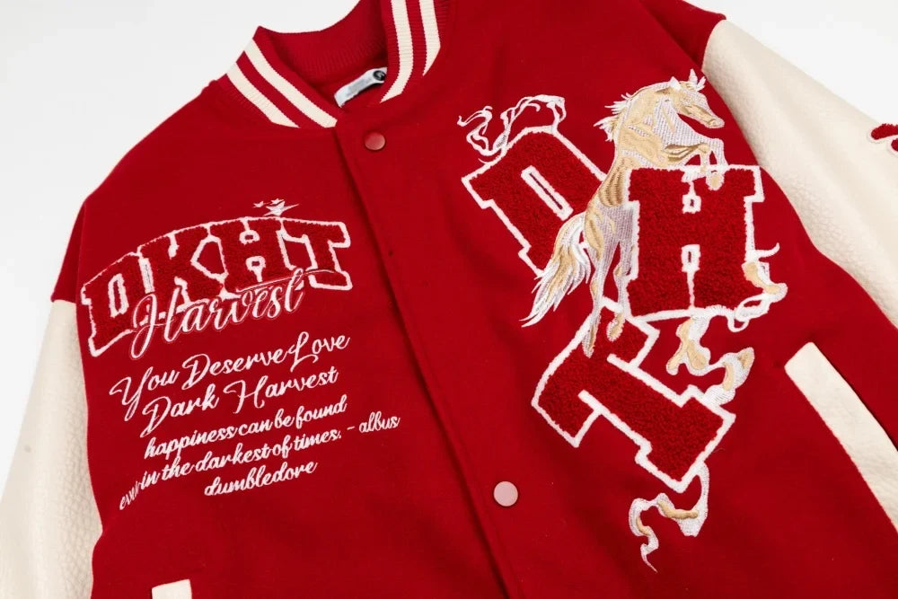 Embroidered Varsity Jacket – Unisex Baseball Faux Leather Coat