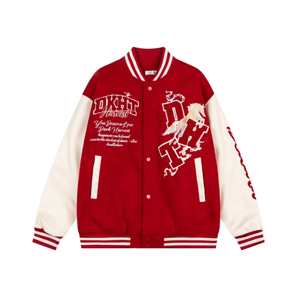 Embroidered Varsity Jacket – Unisex Baseball Faux Leather Coat