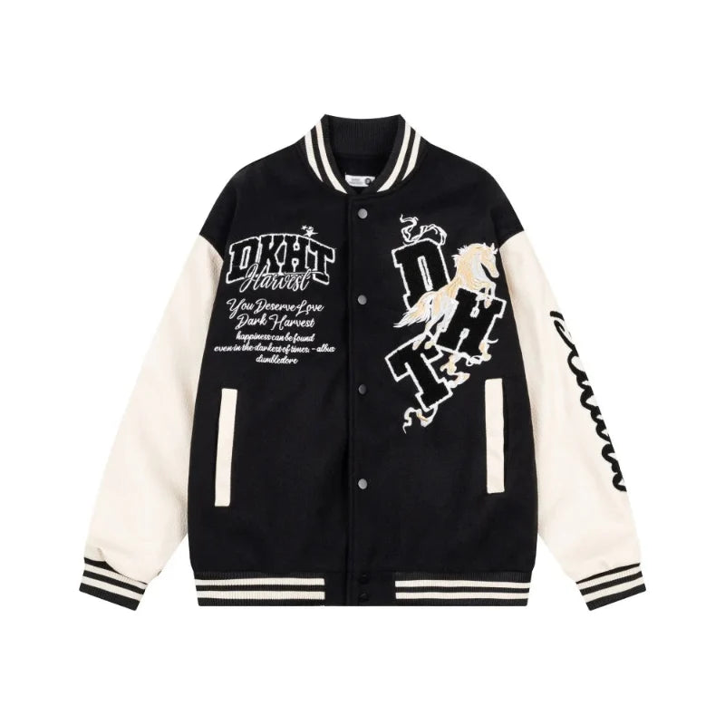 Embroidered Varsity Jacket – Unisex Baseball Faux Leather Coat