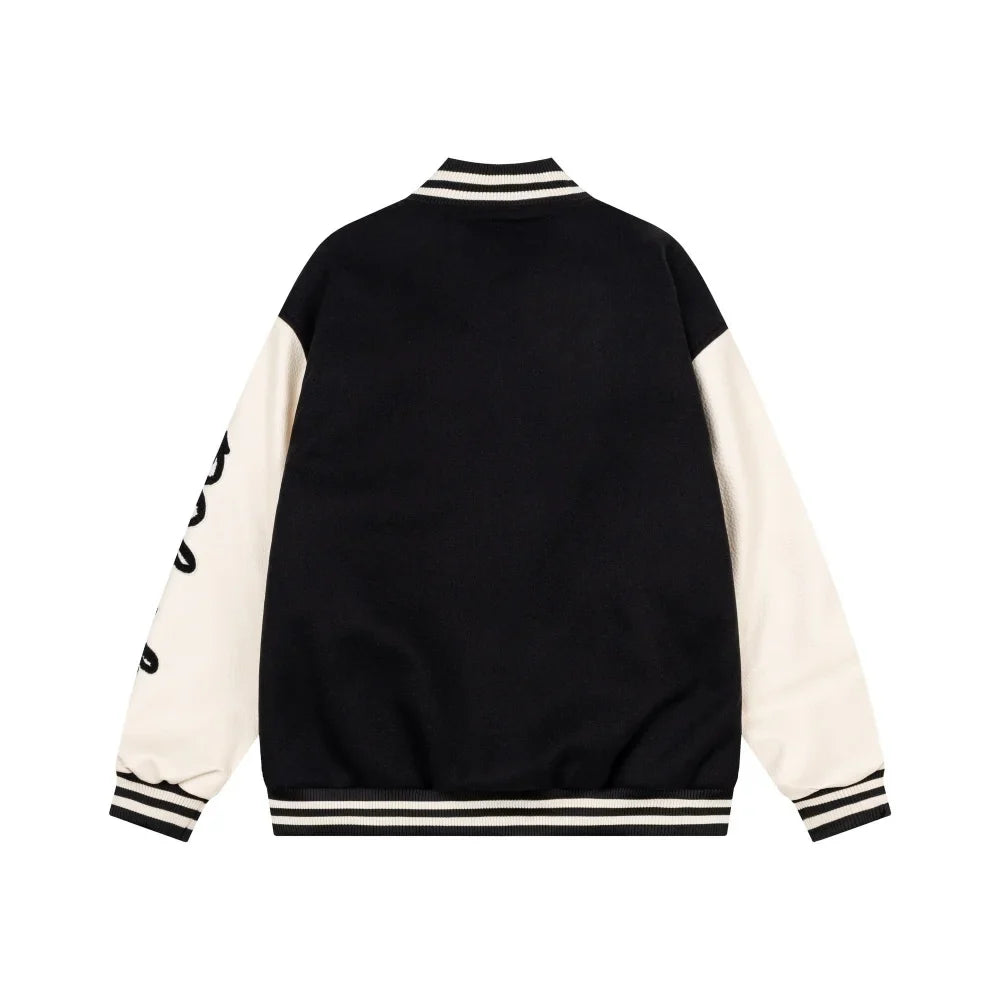 Embroidered Varsity Jacket – Unisex Baseball Faux Leather Coat