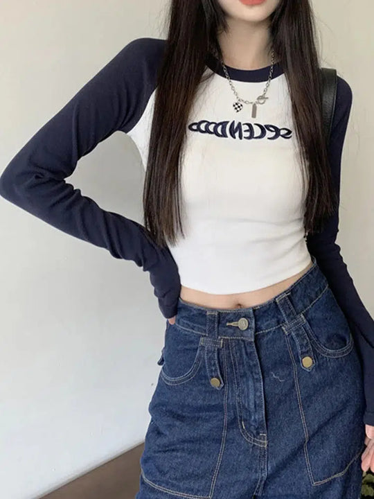 Embroidered Long Sleeve Baby Tee – Women's Fitted Contrast Top
