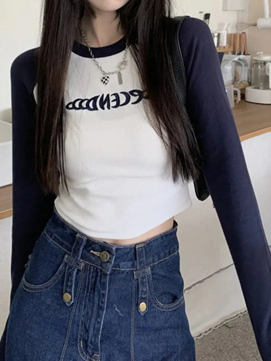Embroidered Long Sleeve Baby Tee – Women's Fitted Contrast Top