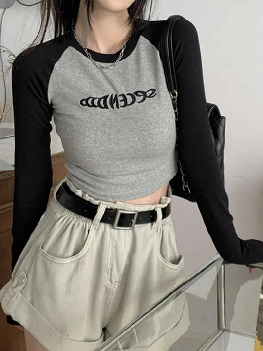 Embroidered Long Sleeve Baby Tee – Women's Fitted Contrast Top