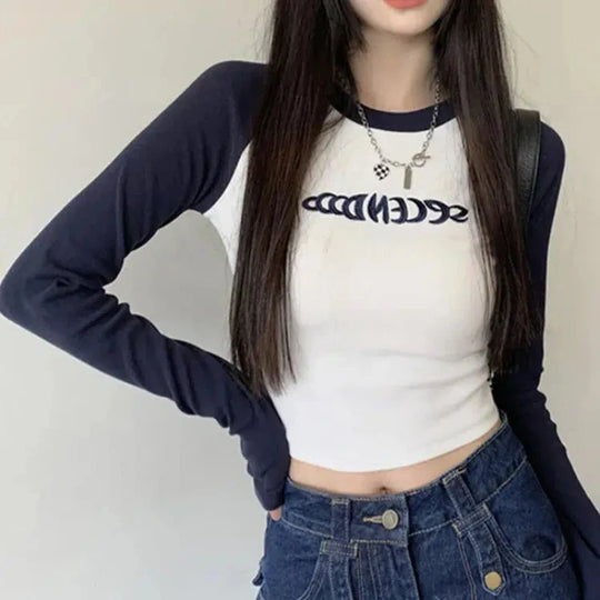 Embroidered Long Sleeve Baby Tee – Women's Fitted Contrast Top