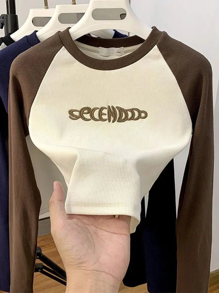 Embroidered Long Sleeve Baby Tee – Women's Fitted Contrast Top