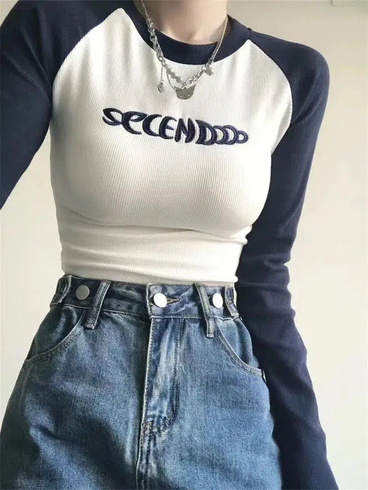 Embroidered Long Sleeve Baby Tee – Women's Fitted Contrast Top