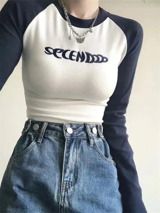 Embroidered Long Sleeve Baby Tee – Women's Fitted Contrast Top
