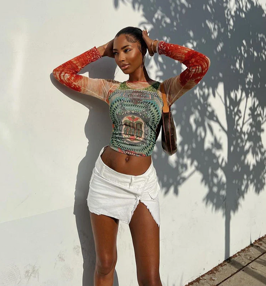 Mesh Graphic Long Sleeve Top – Women's Sheer Statement Top
