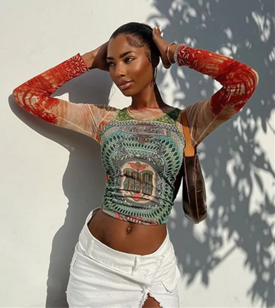 Mesh Graphic Long Sleeve Top – Women's Sheer Statement Top