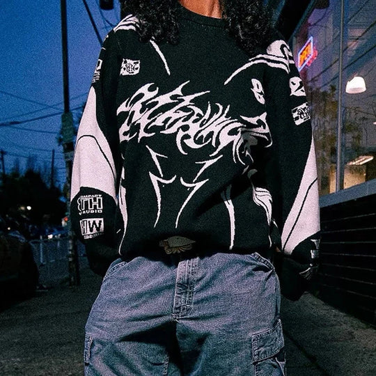 Moto Gothic Knit Sweatshirt – Unisex Oversized Pattern Knit
