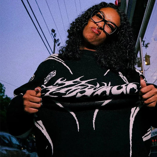 Moto Gothic Knit Sweatshirt – Unisex Oversized Pattern Knit