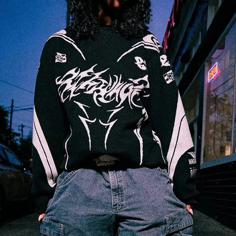 Moto Gothic Knit Sweatshirt – Unisex Oversized Pattern Knit