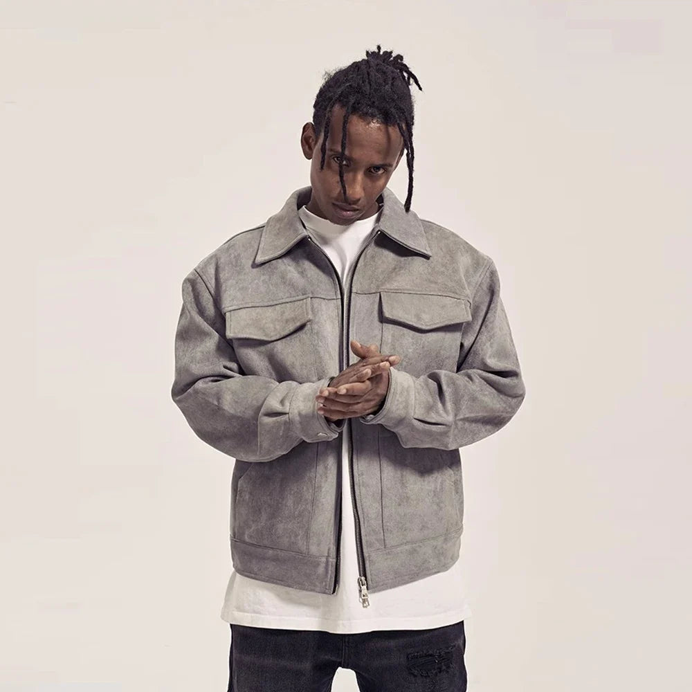 Suede Cargo Jacket – Men's Multi-Pocket Zip-Up Coat