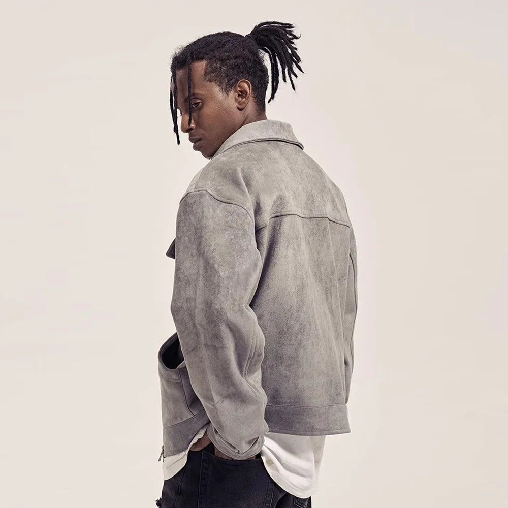 Suede Cargo Jacket – Men's Multi-Pocket Zip-Up Coat