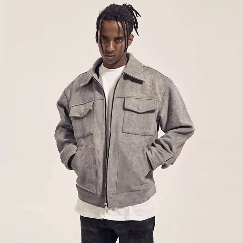 Suede Cargo Jacket – Men's Multi-Pocket Zip-Up Coat