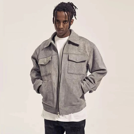 Suede Cargo Jacket – Men's Multi-Pocket Zip-Up Coat