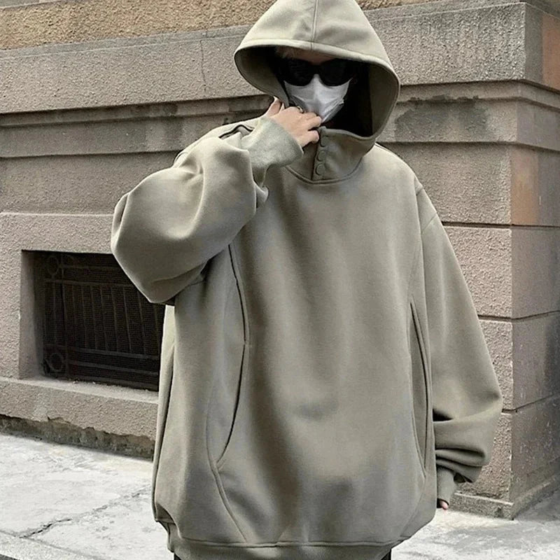 Button Neck Hoodie – Oversized Baggy Slouchy Pullover