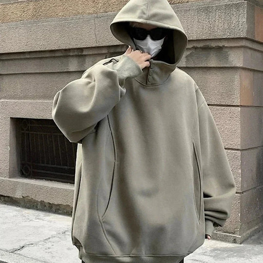 Button Neck Hoodie – Oversized Baggy Slouchy Pullover