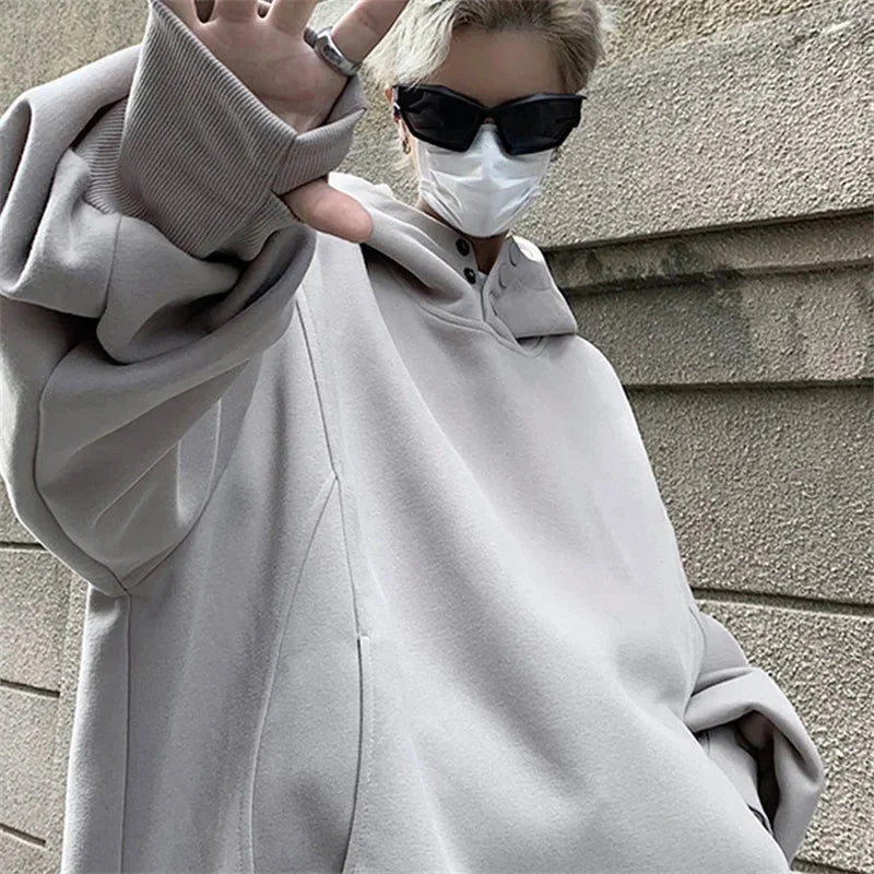 Button Neck Hoodie – Oversized Baggy Slouchy Pullover