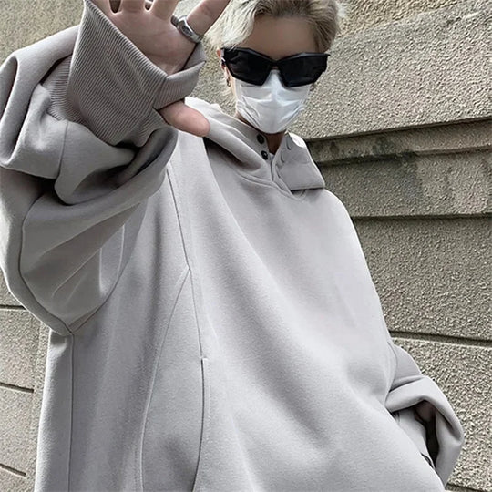 Button Neck Hoodie – Oversized Baggy Slouchy Pullover