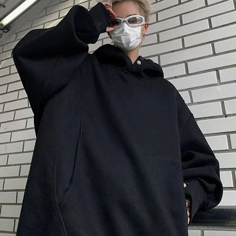 Button Neck Hoodie – Oversized Baggy Slouchy Pullover