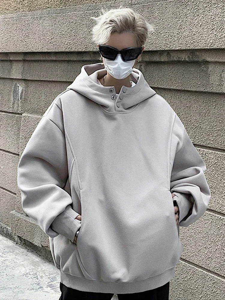 Button Neck Hoodie – Oversized Baggy Slouchy Pullover