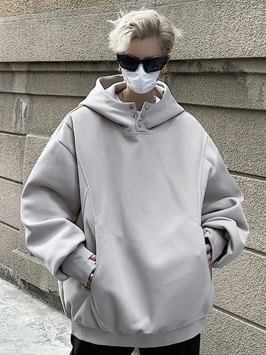 Button Neck Hoodie – Oversized Baggy Slouchy Pullover
