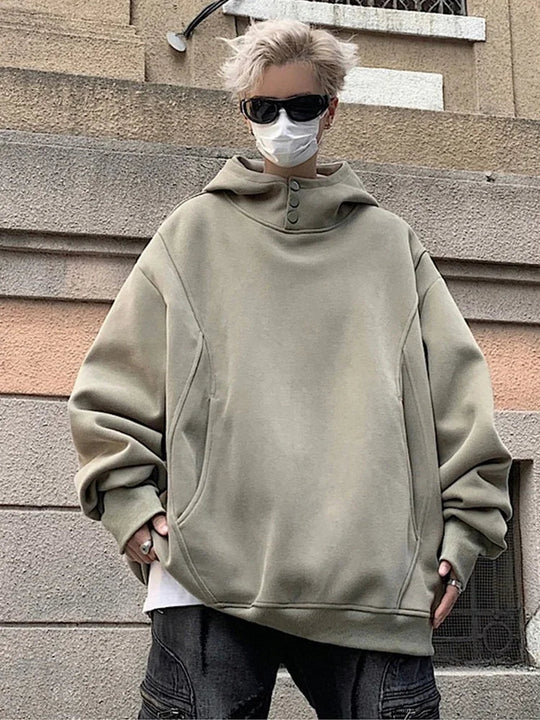Button Neck Hoodie – Oversized Baggy Slouchy Pullover