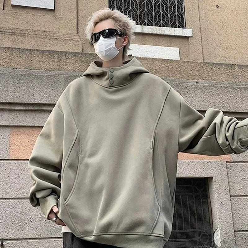 Button Neck Hoodie – Oversized Baggy Slouchy Pullover