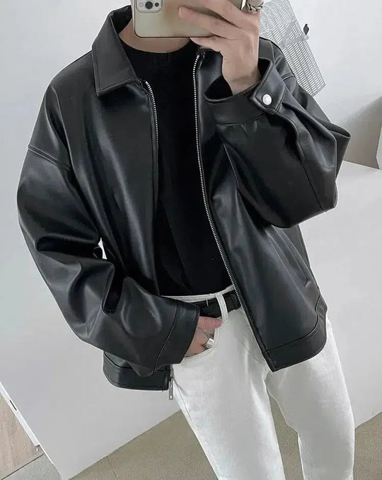 Oversized Collar Leather Jacket – Men's Statement Zip-Up Coat