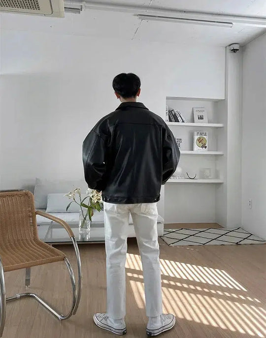 Oversized Collar Leather Jacket – Men's Statement Zip-Up Coat