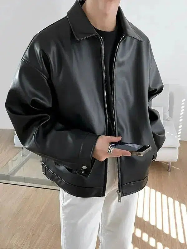 Oversized Collar Leather Jacket – Men's Statement Zip-Up Coat