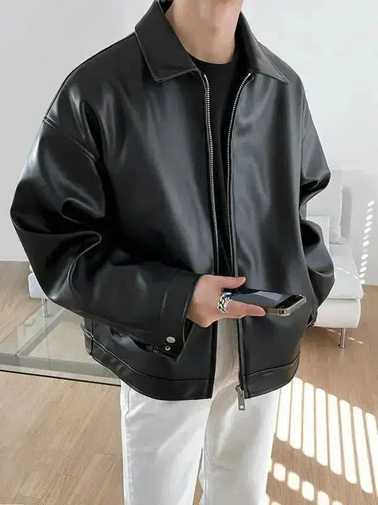 Oversized Collar Leather Jacket – Men's Statement Zip-Up Coat