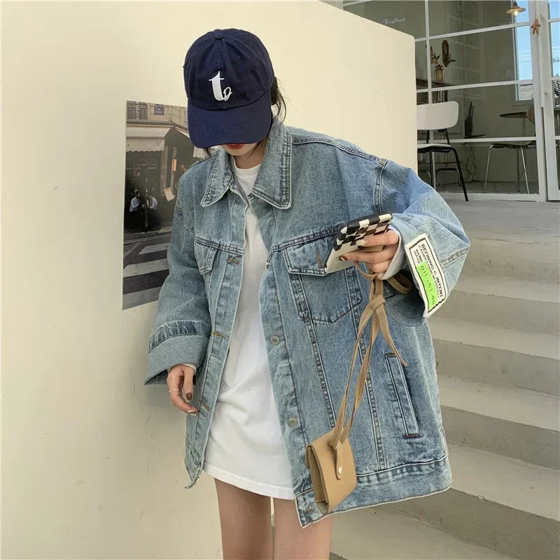 Labelled Denim Jacket – Women's Oversized Light-Wash Coat