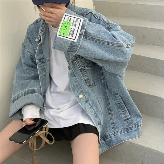 Labelled Denim Jacket – Women's Oversized Light-Wash Coat