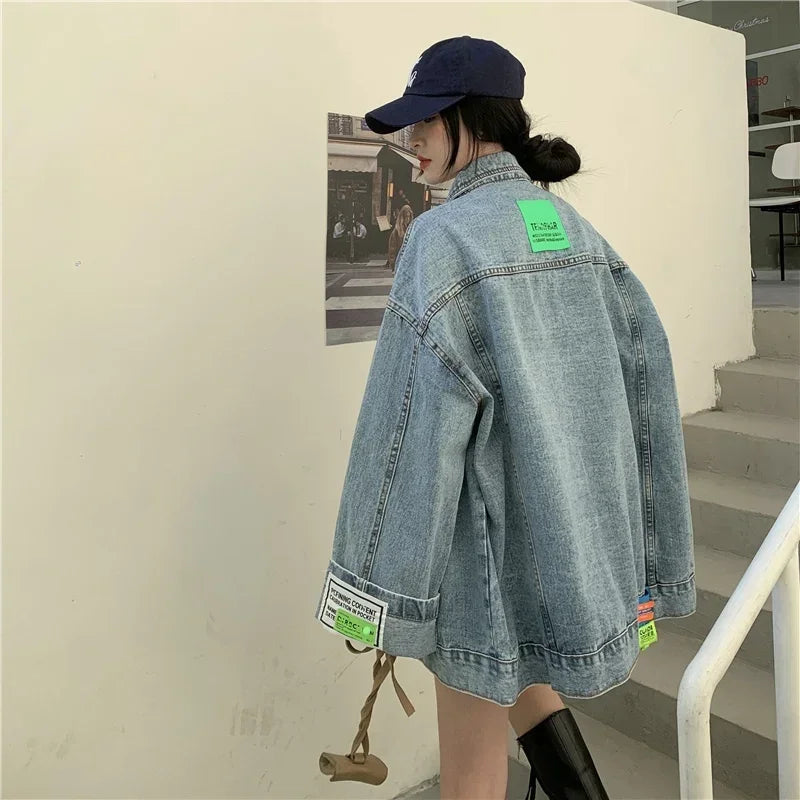 Labelled Denim Jacket – Women's Oversized Light-Wash Coat