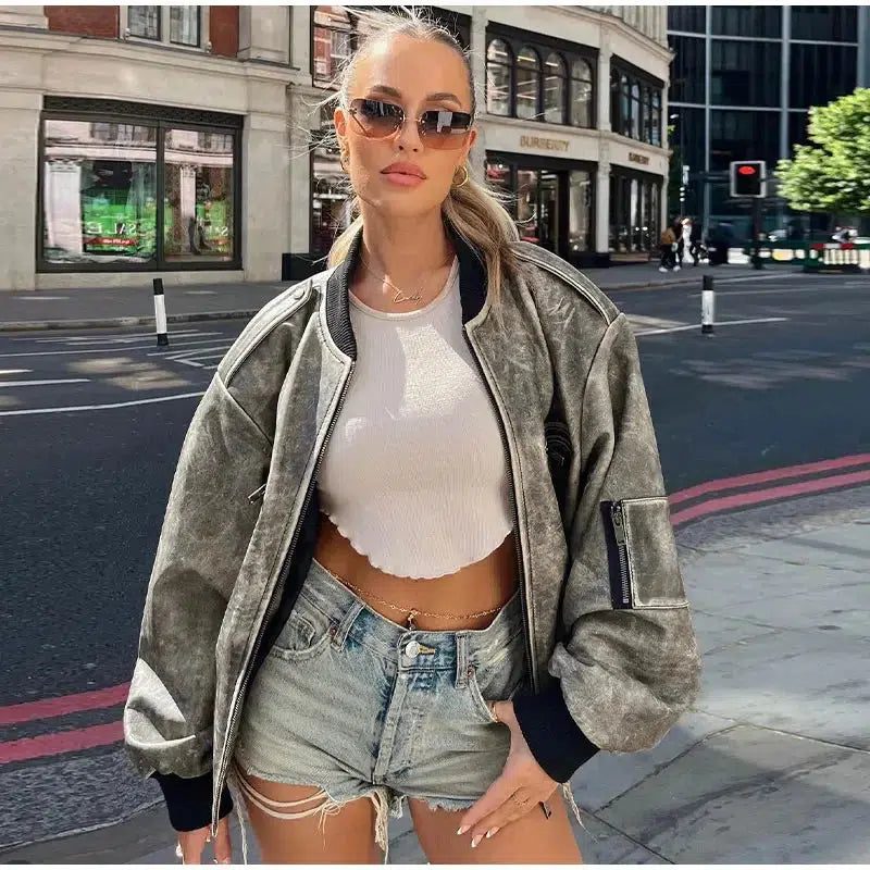 Oversized Leather Bomber Jacket – Women's Weathered Coat