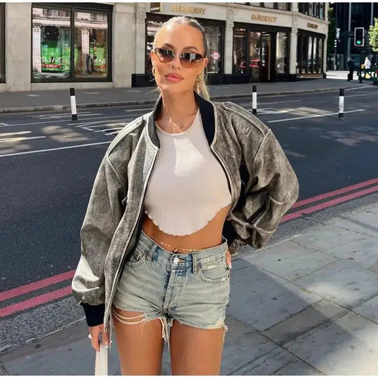 Oversized Leather Bomber Jacket – Women's Weathered Coat