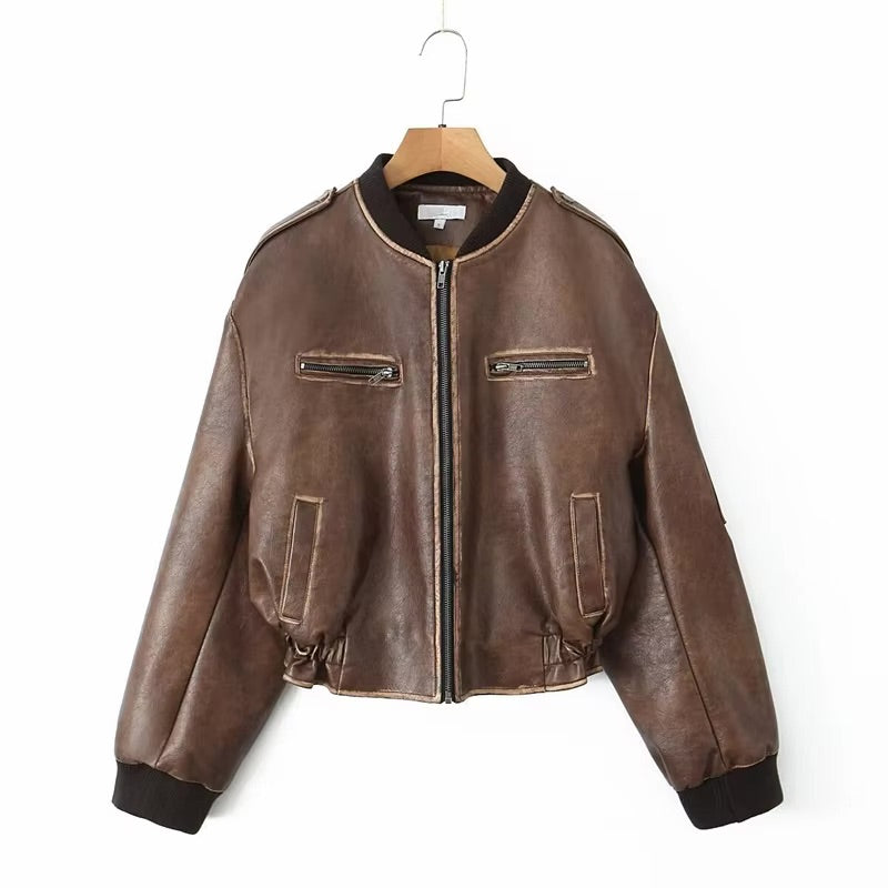 Oversized Leather Bomber Jacket – Women's Weathered Coat