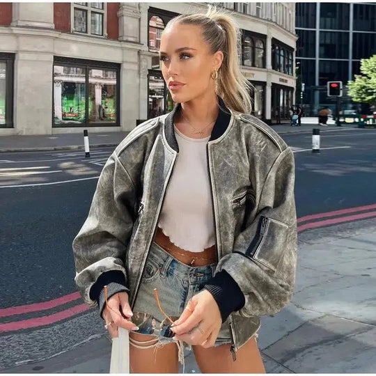 Oversized Leather Bomber Jacket – Women's Weathered Coat