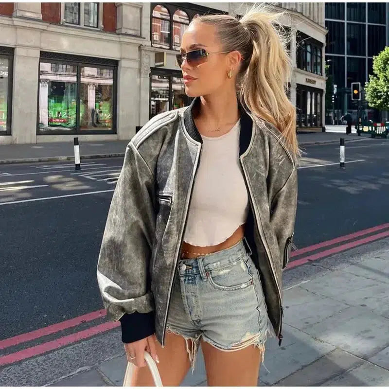 Oversized Leather Bomber Jacket – Women's Weathered Coat