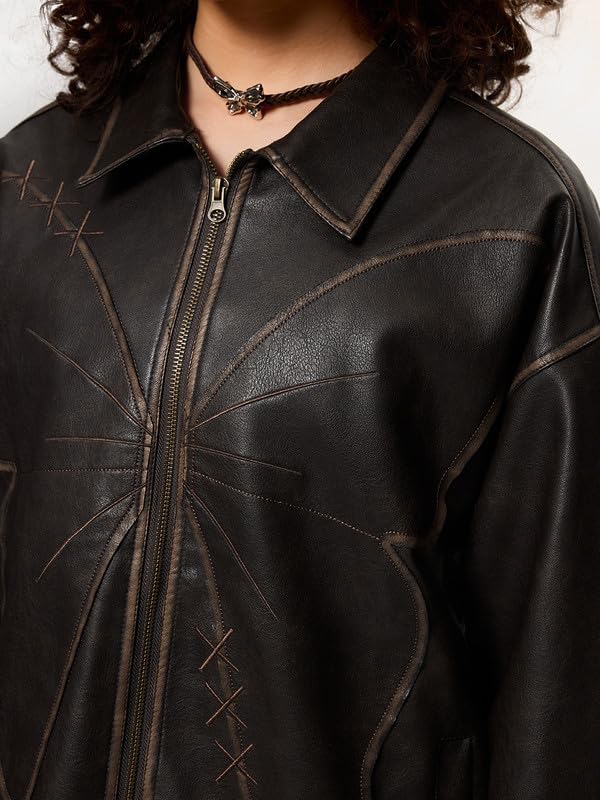 Butterfly Patchwork Leather Jacket – Women's Oversized Boxy Coat
