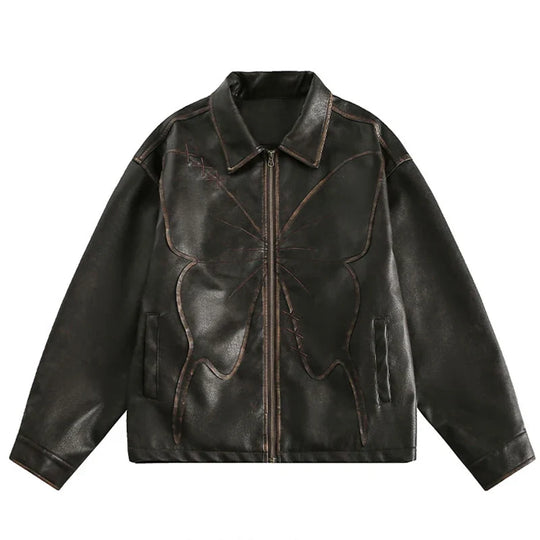 Butterfly Patchwork Leather Jacket – Women's Oversized Boxy Coat