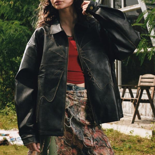 Butterfly Patchwork Leather Jacket – Women's Oversized Boxy Coat