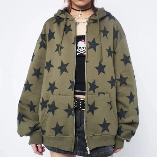 Oversized Star Zip-Up Hoodie – Women's Baggy Fleece