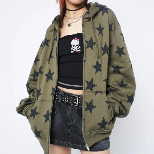 Oversized Star Zip-Up Hoodie – Women's Baggy Fleece