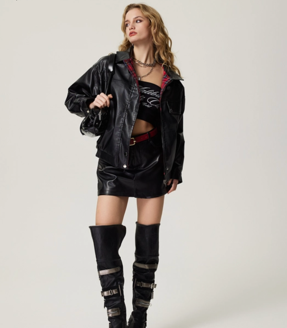Plaid Lined Leather Jacket – Women's Oversized Reversible Coat