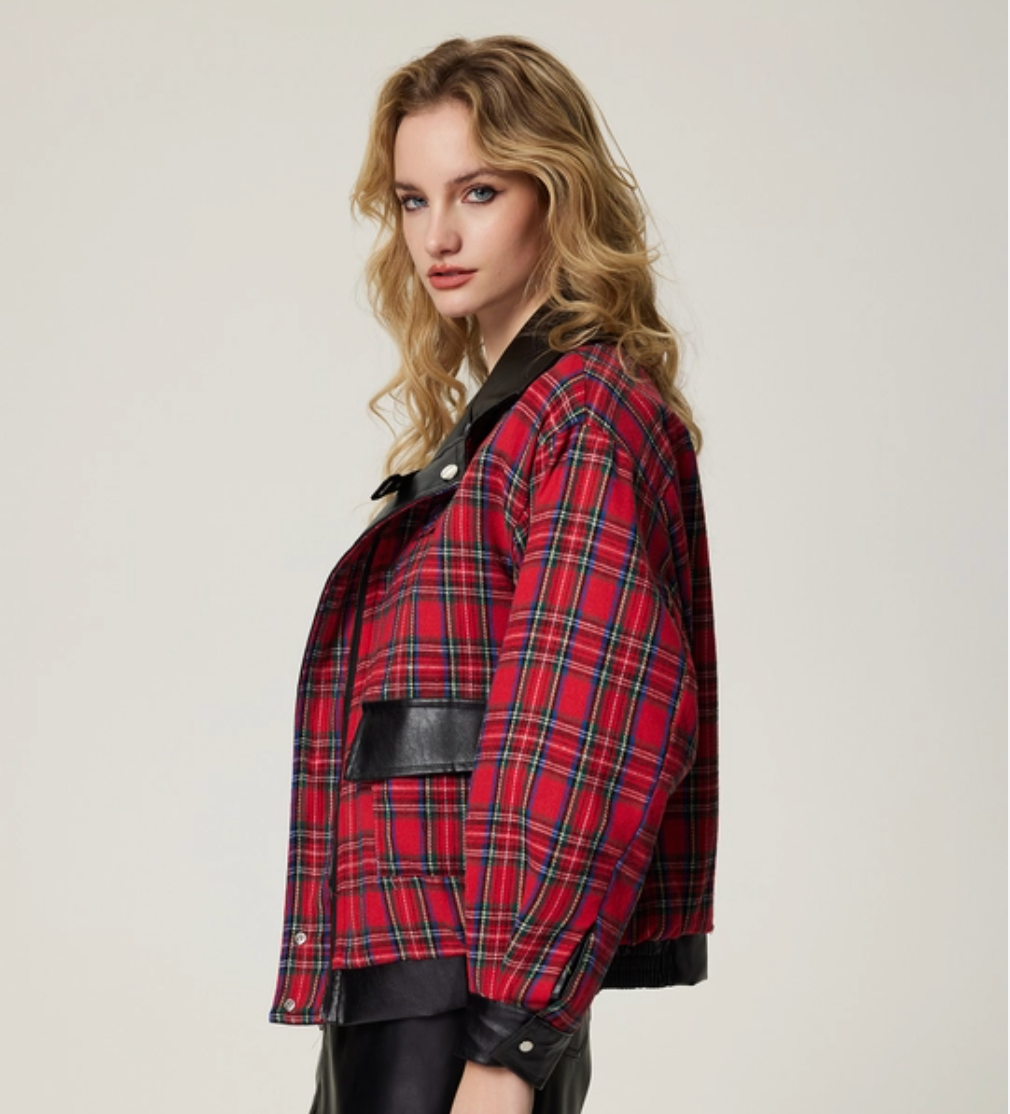 Plaid Lined Leather Jacket – Women's Oversized Reversible Coat