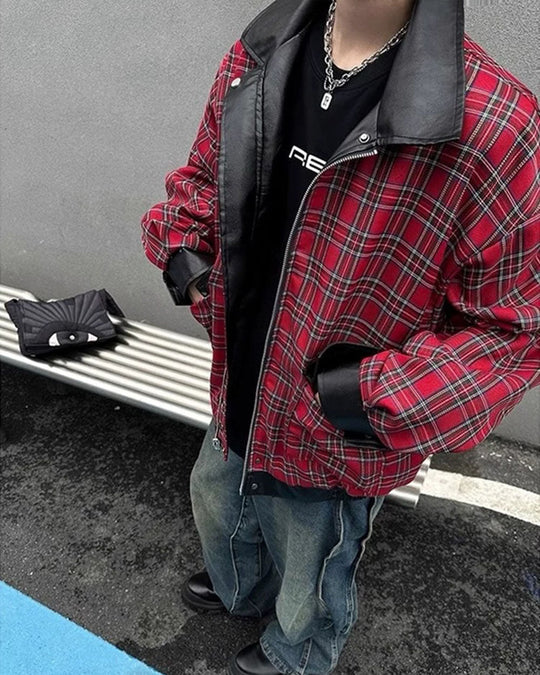 Plaid Lined Leather Jacket – Women's Oversized Reversible Coat